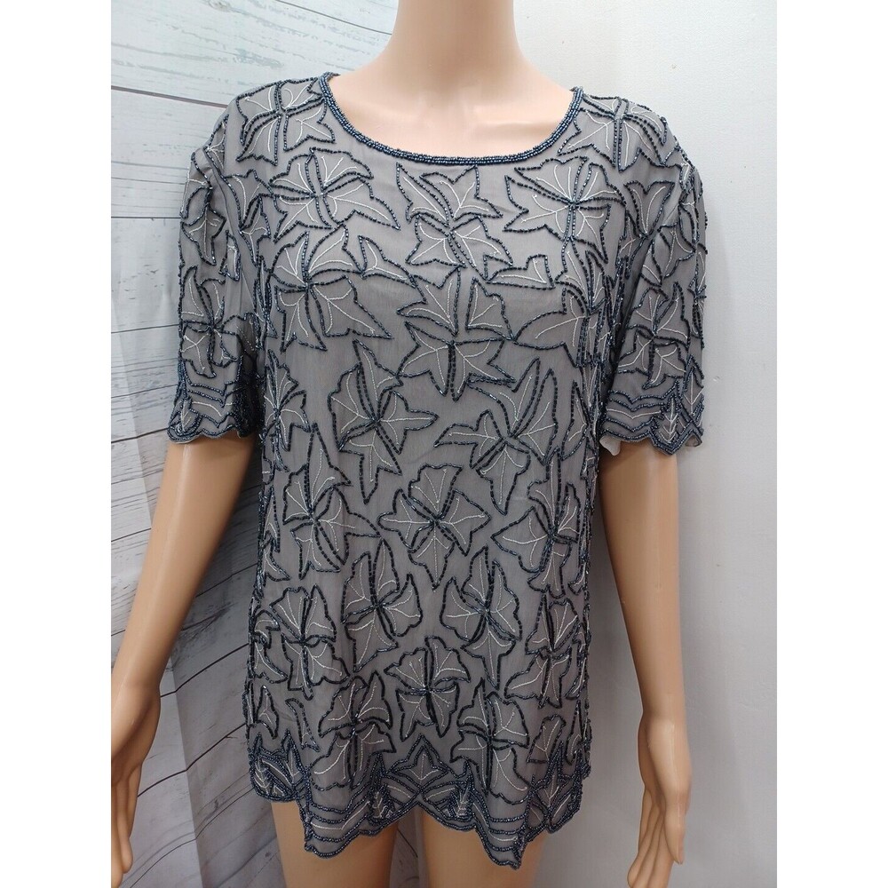 Vintage Cote d' Azur Womens Blouse Top Black Gray Beaded Shirt Evening XL